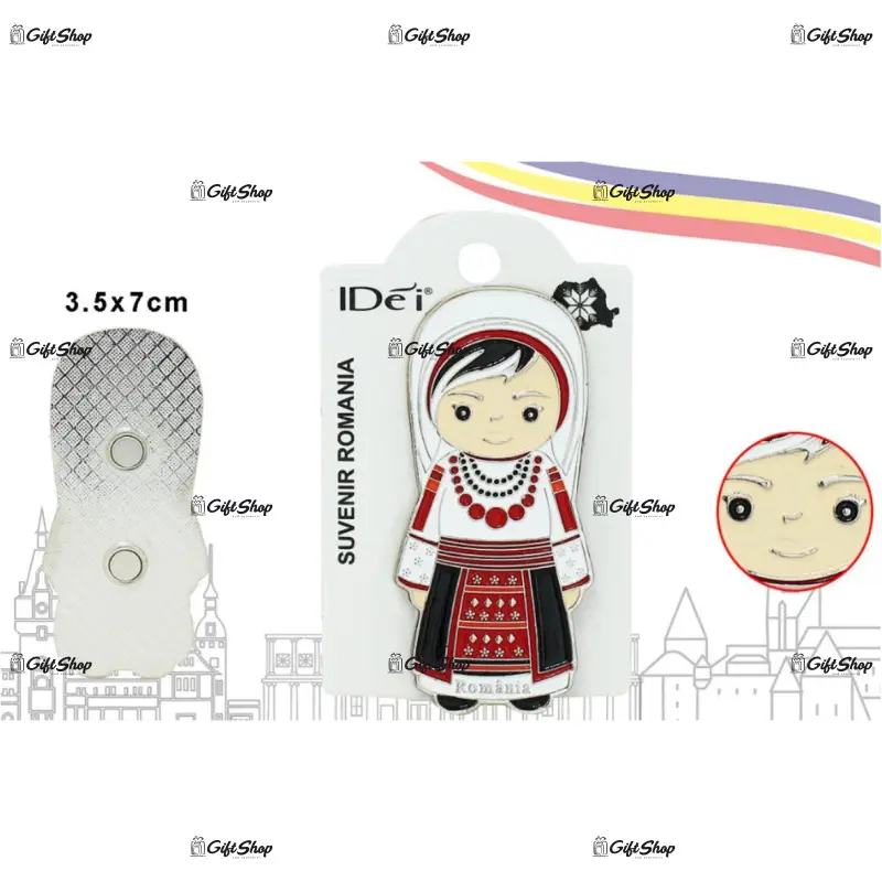 Costum traditional fata, magnet din metal